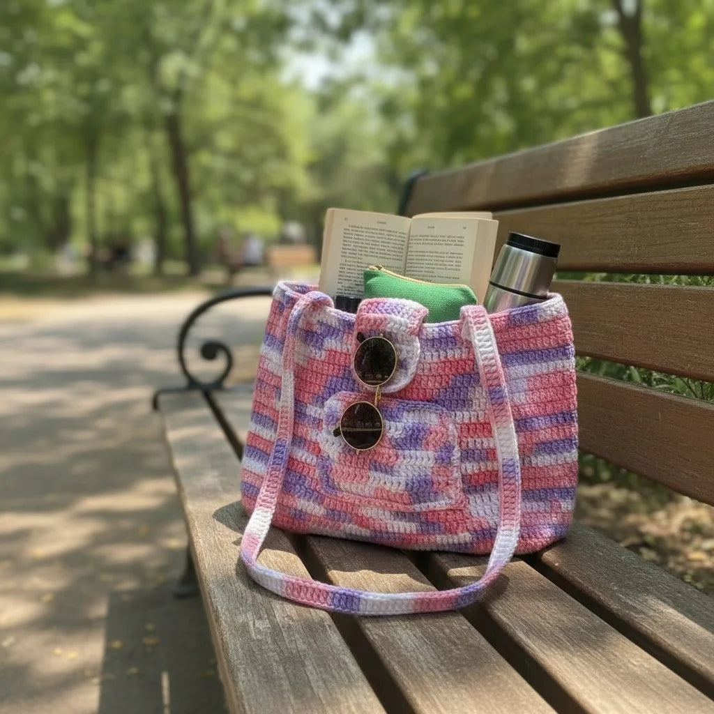 striped crochet tote bag pastel knitted shoulder handbag