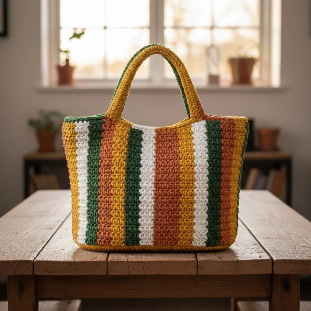 striped crochet tote bag boho knit shoulder handbag