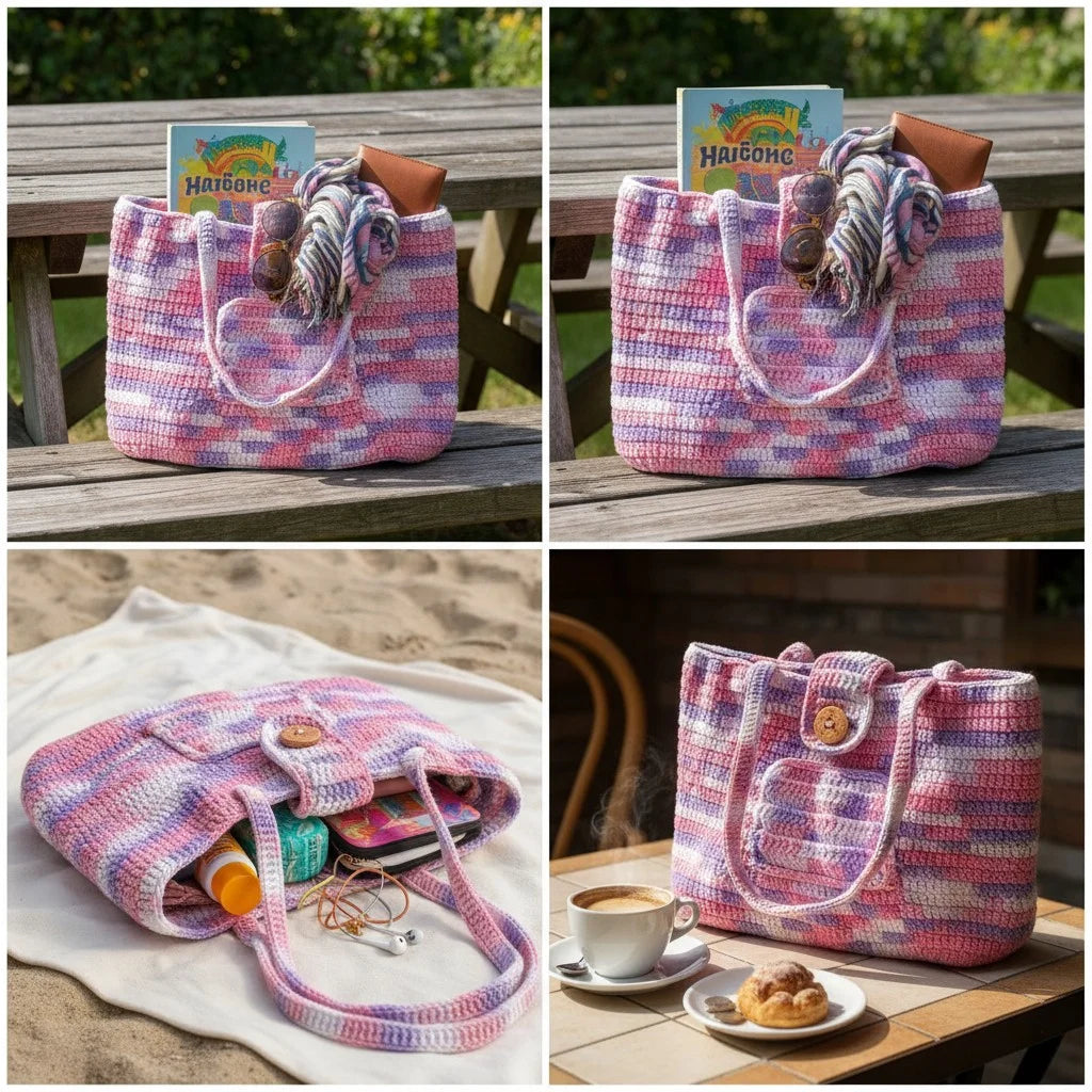 striped crochet tote bag pastel knitted shoulder handbag