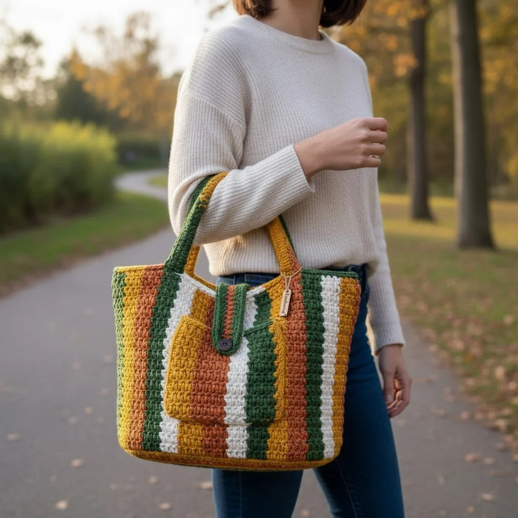 striped crochet tote bag boho knit shoulder handbag