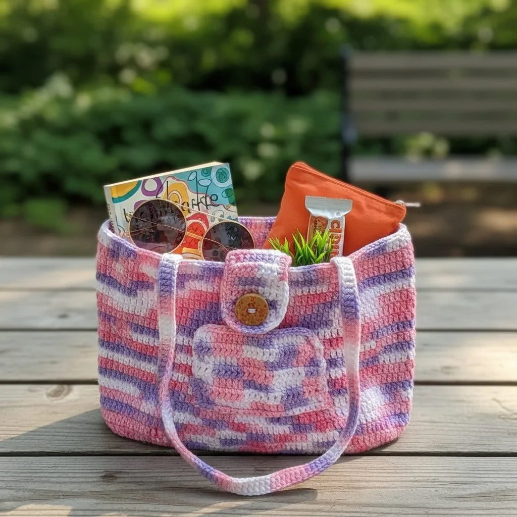 striped crochet tote bag pastel knitted shoulder handbag