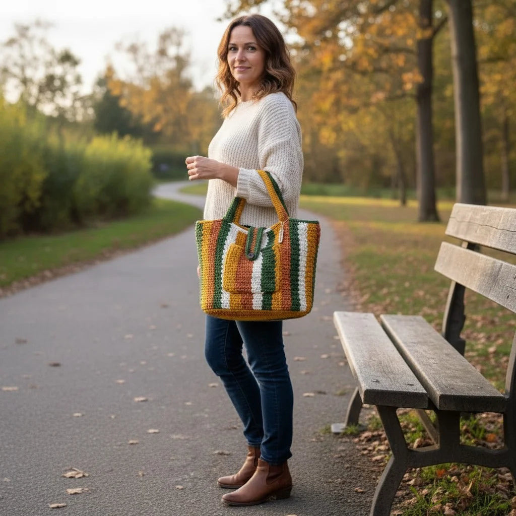 striped crochet tote bag boho knit shoulder handbag