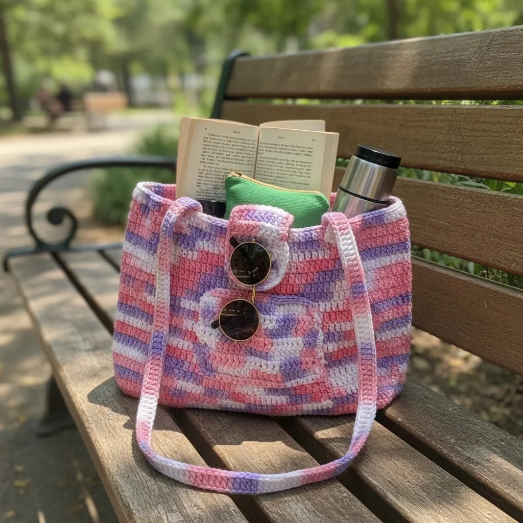 striped crochet tote bag pastel knitted shoulder handbag