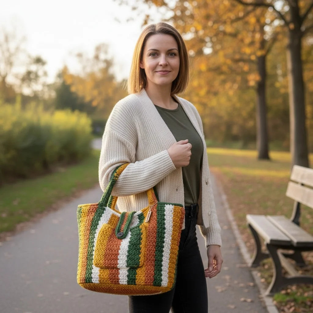 striped crochet tote bag boho knit shoulder handbag