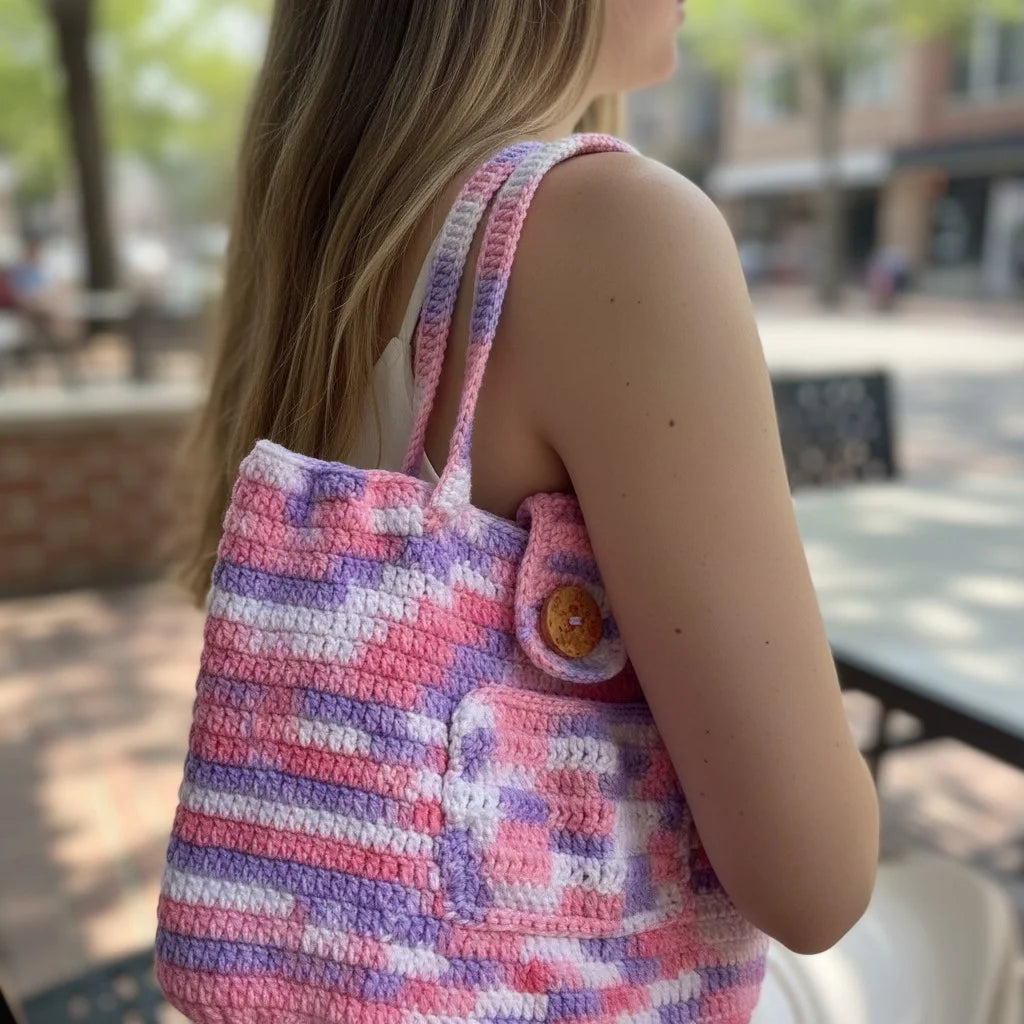 striped crochet tote bag pastel knitted shoulder handbag