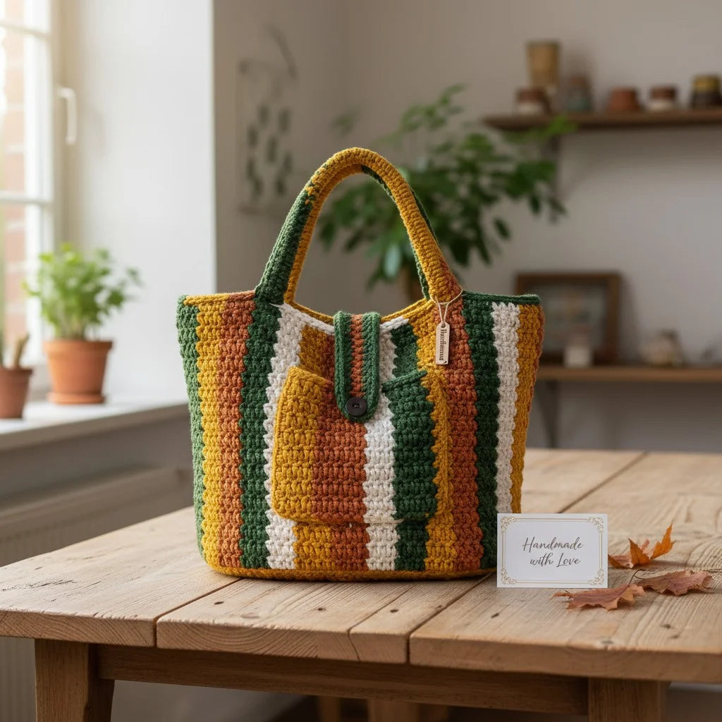 striped crochet tote bag boho knit shoulder handbag