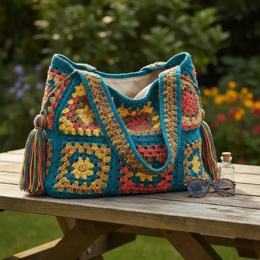 granny square tote bag colorful boho crochet shoulder handbag