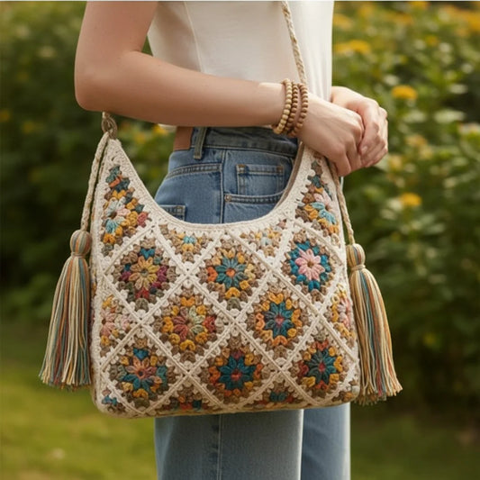 granny square crochet bag boho tassel shoulder tote