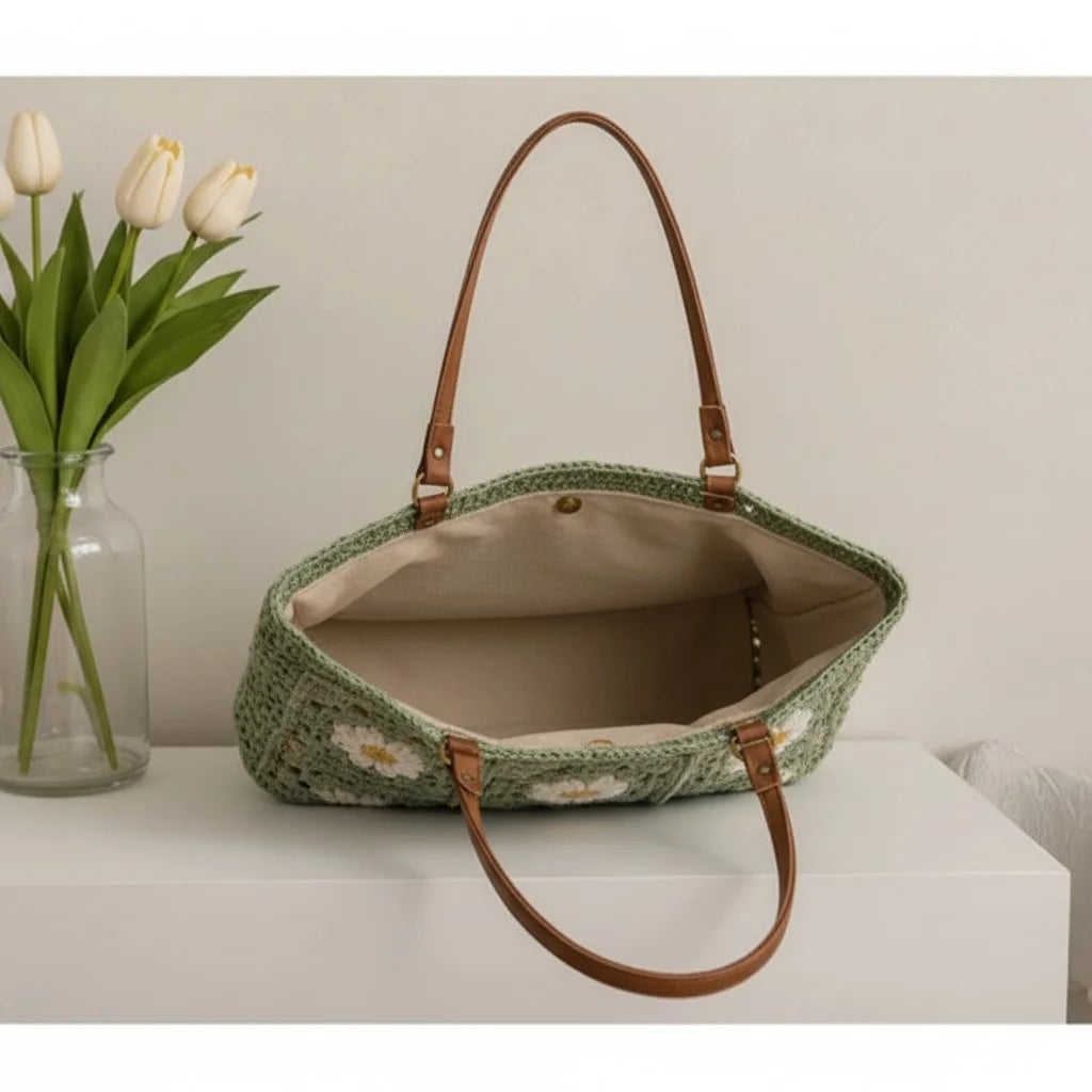 crochet tote bag women daisy granny square shoulder handbag