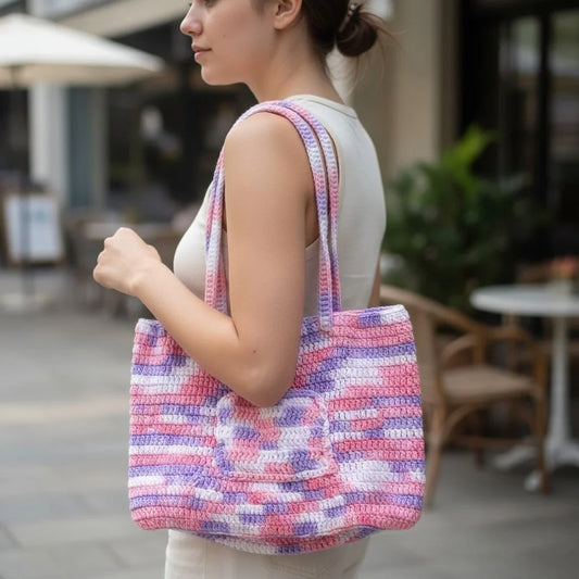 striped crochet tote bag pastel knitted shoulder handbag