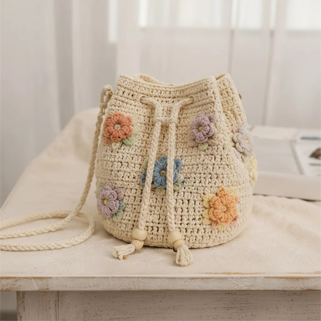 crochet bucket bag women floral boho drawstring handbag