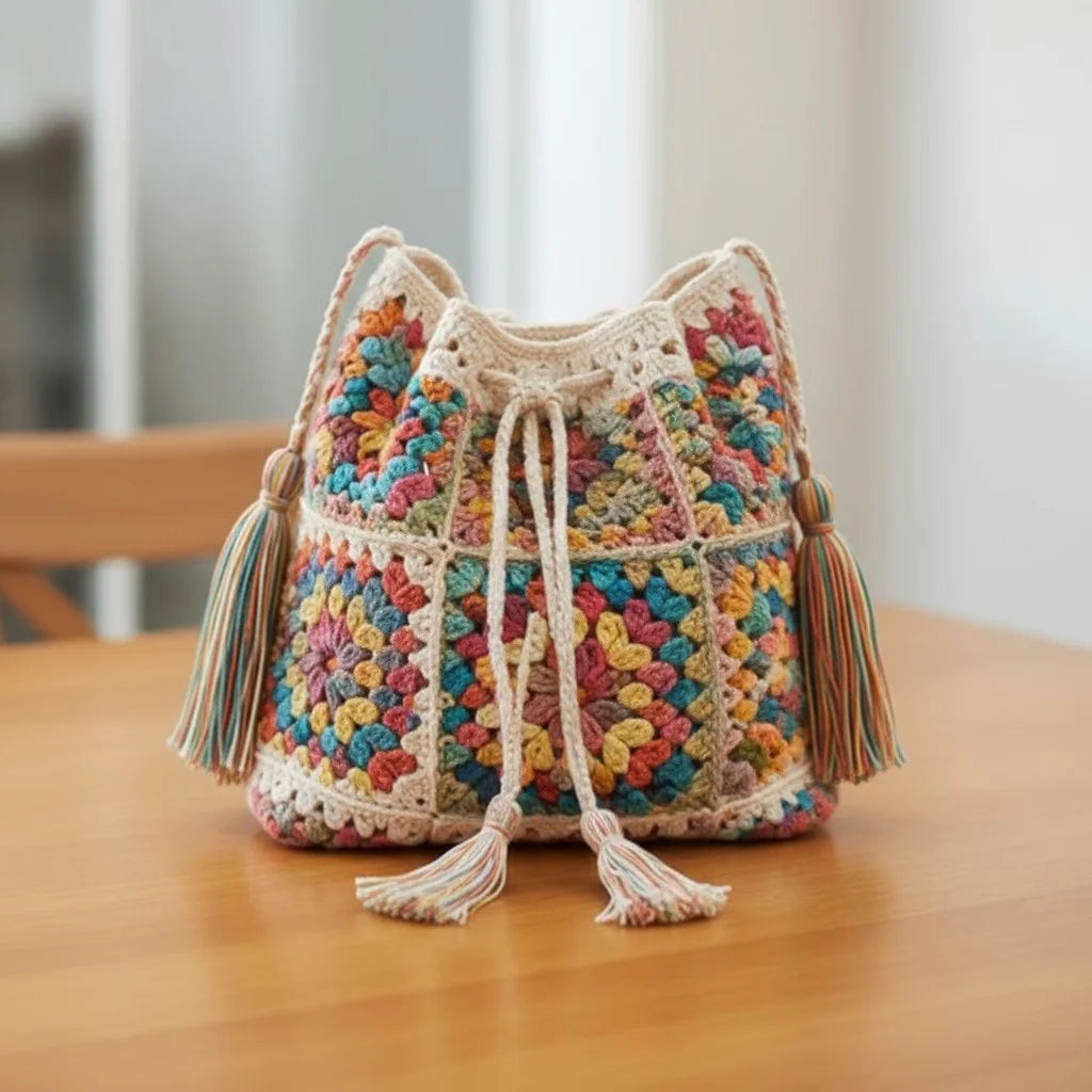 crochet bucket bag boho granny square handmade handbag