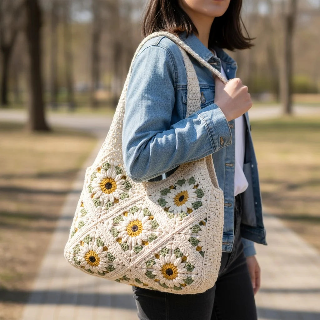 daisy crochet tote bag floral granny square shoulder handbag