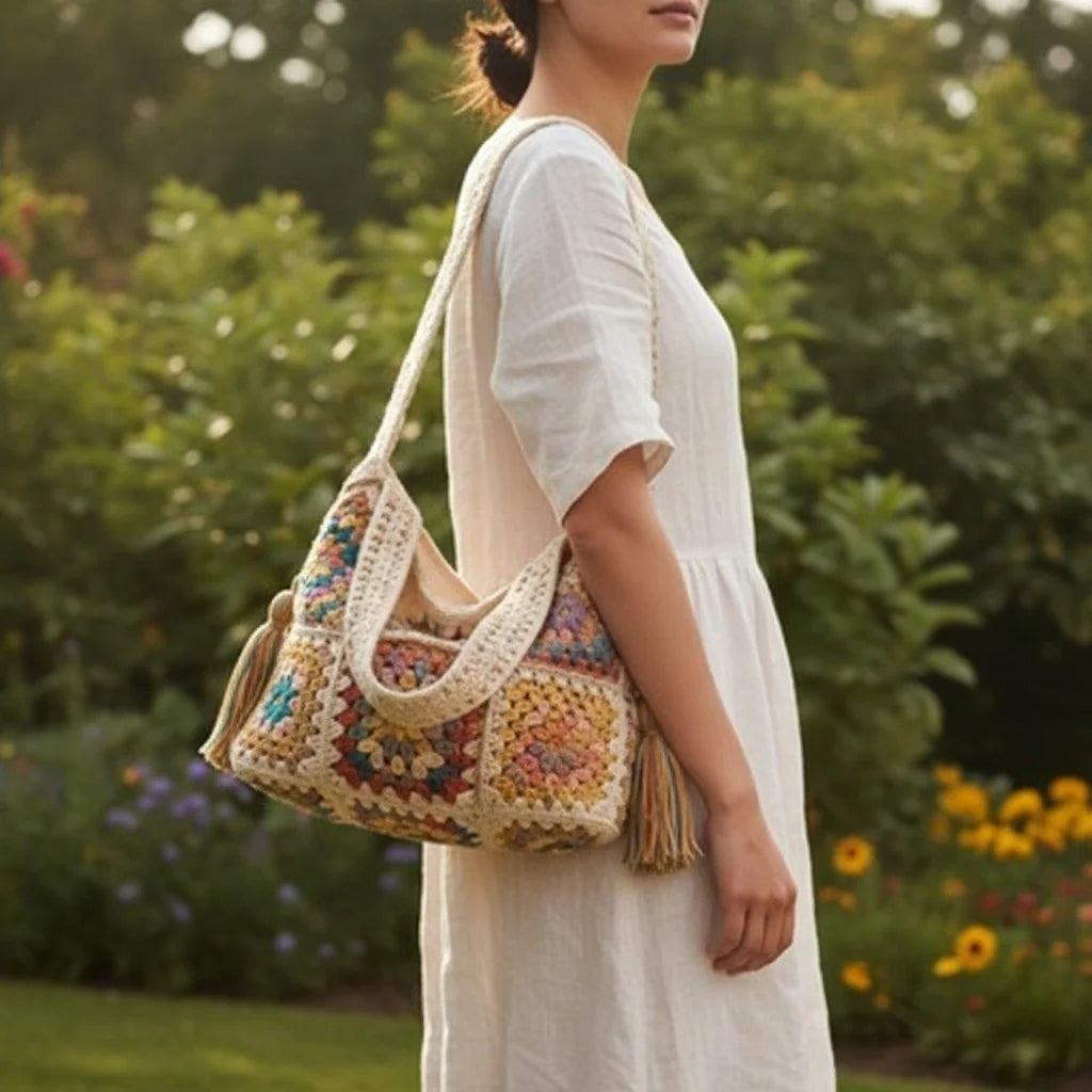 boho crochet shoulder bag granny square handmade tote purse