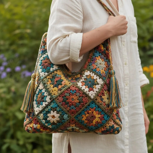 Boho Granny Square Tote – Crochet Patchwork Handbag