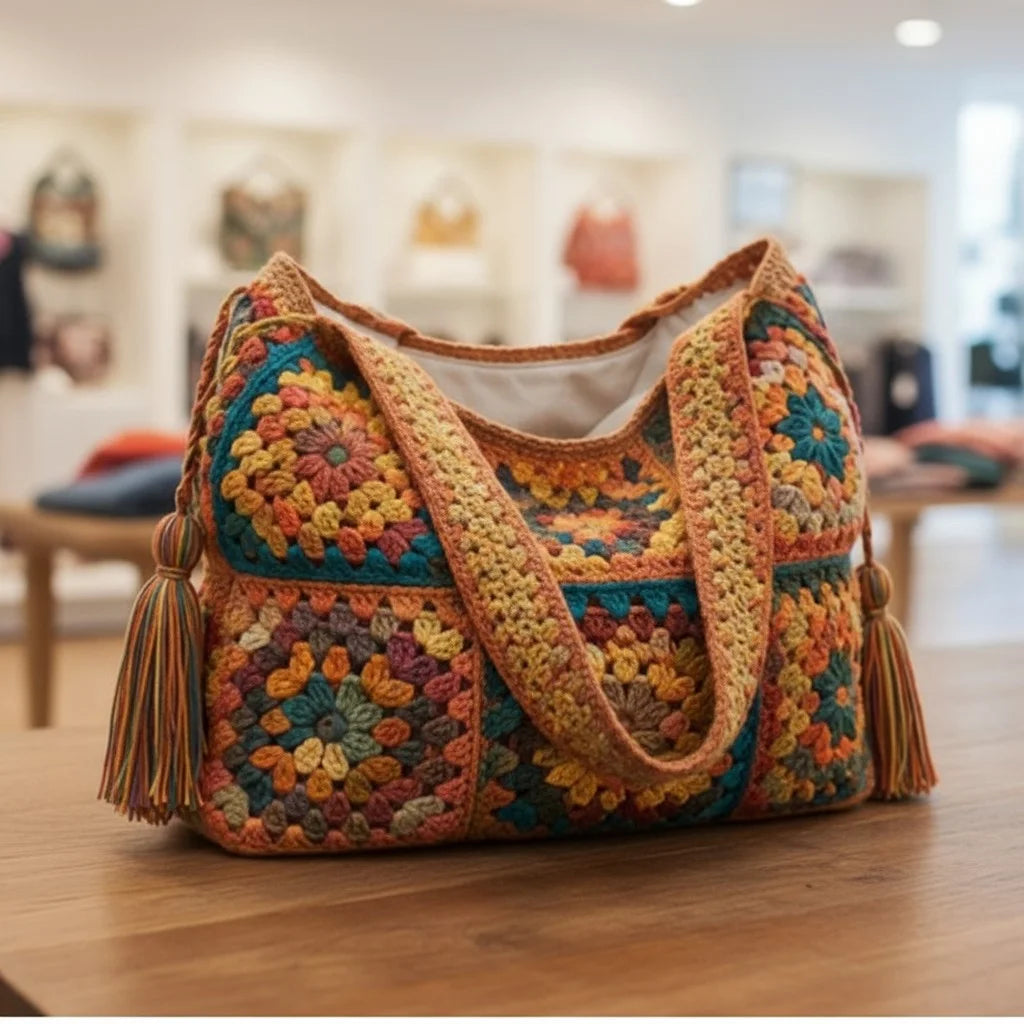 Vintage Crochet Tote Bag – Boho Granny Square Purse