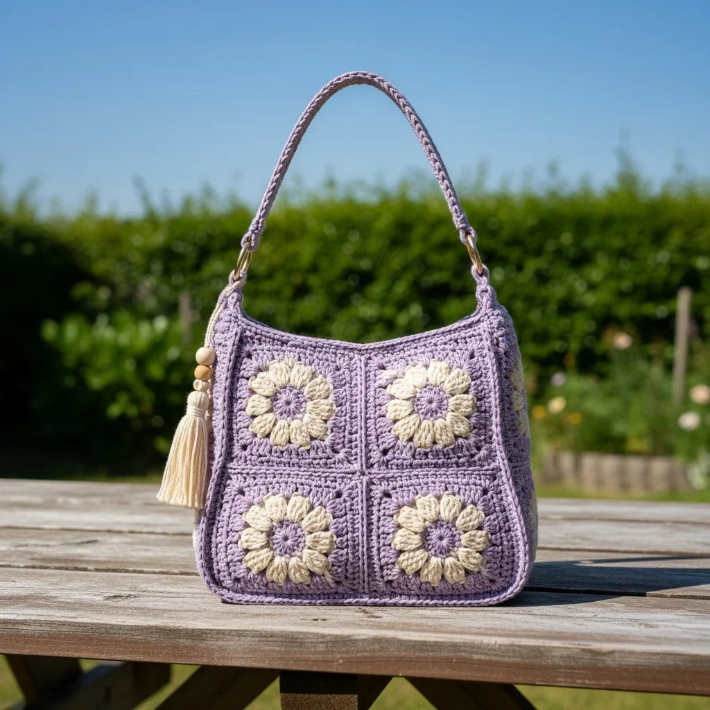 crochet daisy bag women in lavender with floral granny square design, perfect for adding a boho charm to outfits