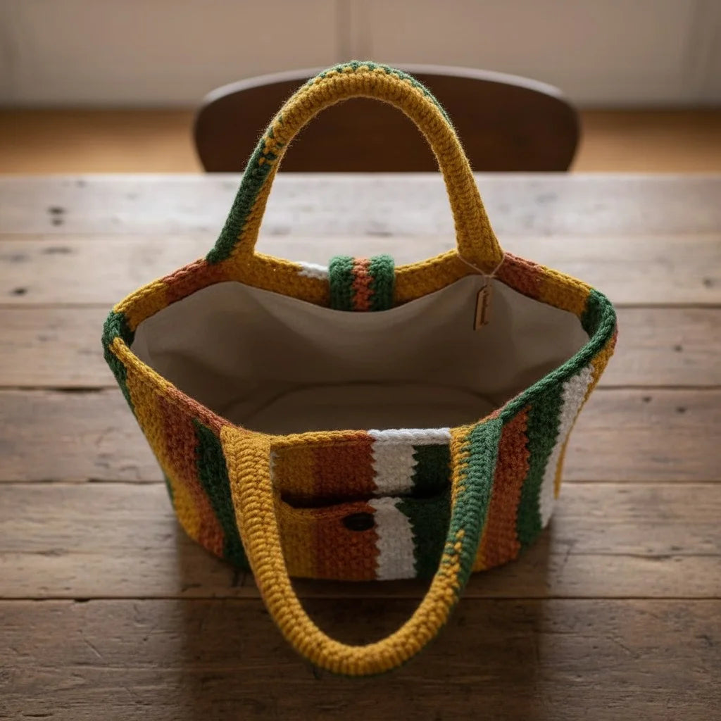 striped crochet tote bag boho knit shoulder handbag