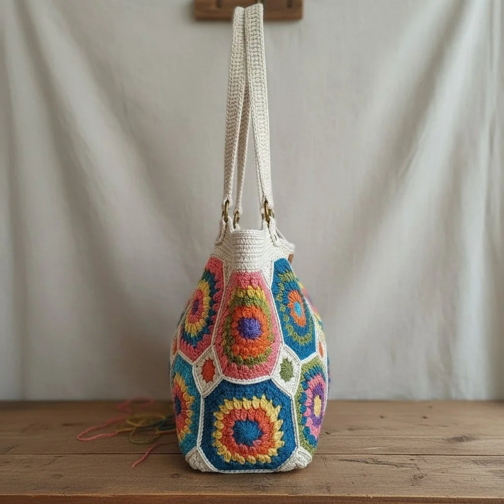 Crochet Granny Square Tote Bag showcasing colorful hexagon patchwork design and sturdy shoulder straps.