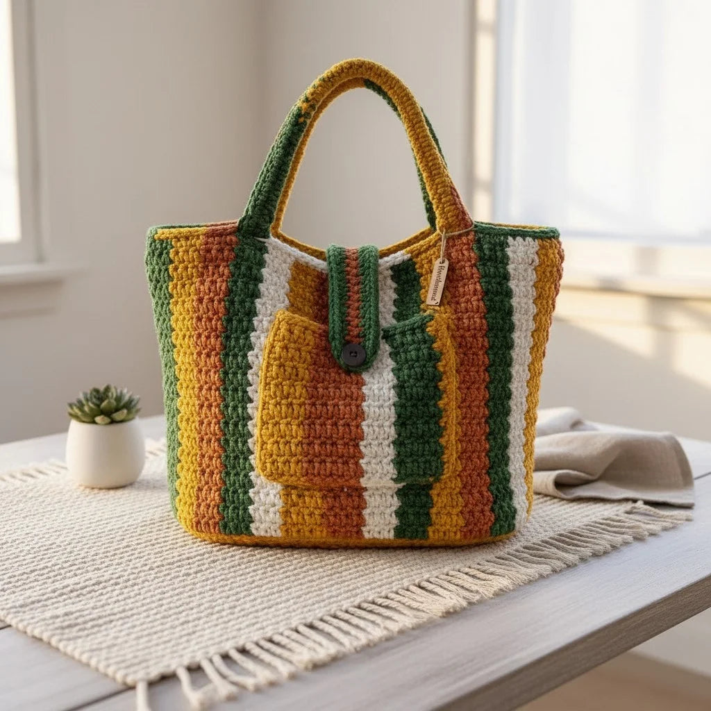 striped crochet tote bag boho knit shoulder handbag