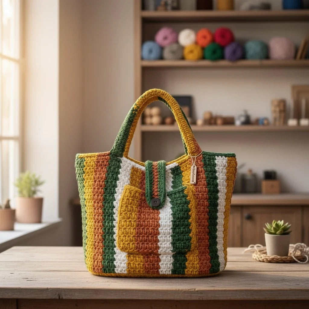 striped crochet tote bag boho knit shoulder handbag