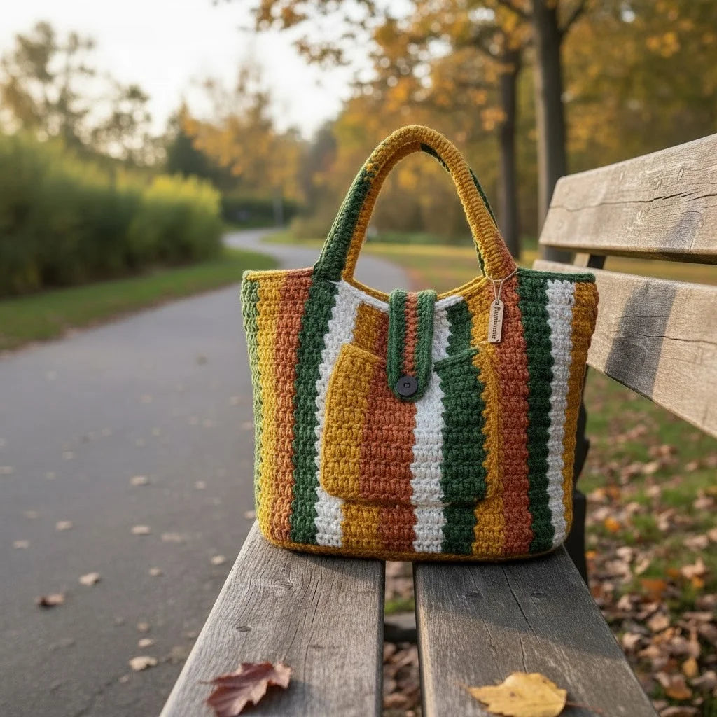 striped crochet tote bag boho knit shoulder handbag