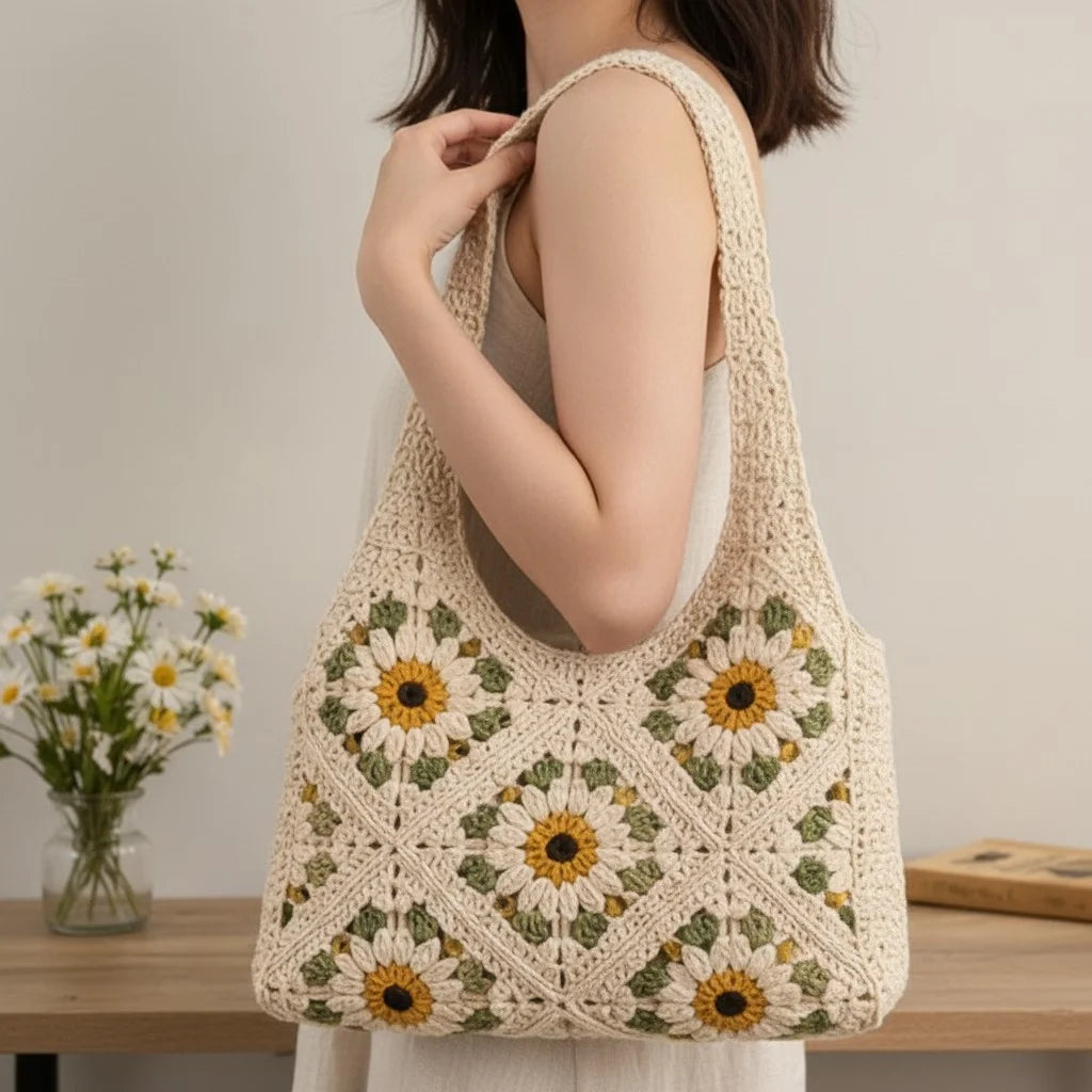 daisy crochet tote bag floral granny square shoulder handbag
