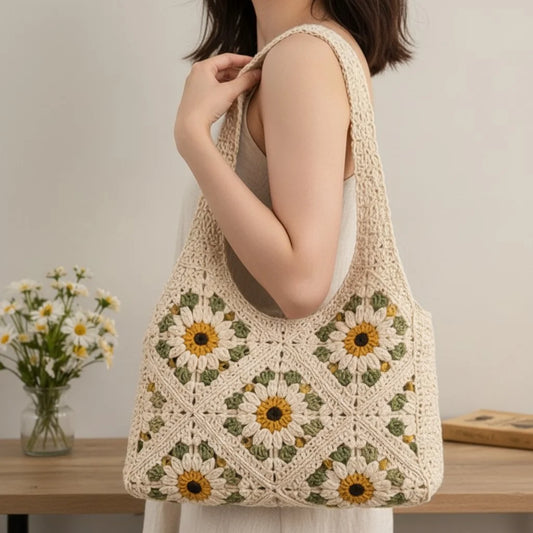 daisy crochet tote bag floral granny square shoulder handbag