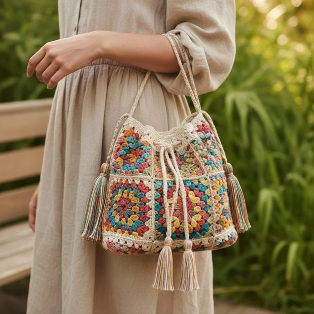crochet bucket bag boho granny square handmade handbag