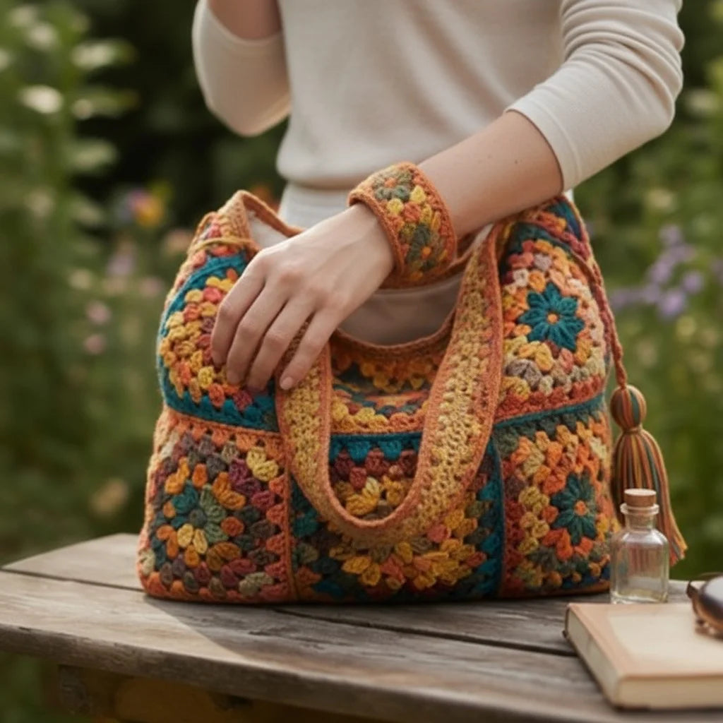 Vintage Crochet Tote Bag – Boho Granny Square Purse