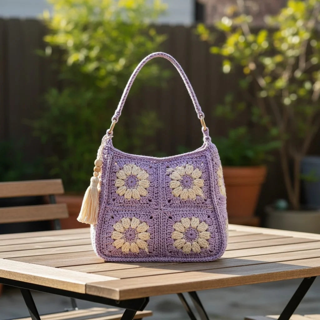 Crochet daisy bag women in lavender with floral granny square design on a table outdoors.