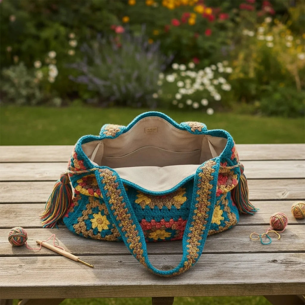 granny square tote bag colorful boho crochet shoulder handbag