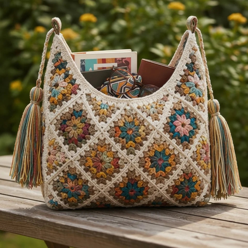 granny square crochet bag boho tassel shoulder tote