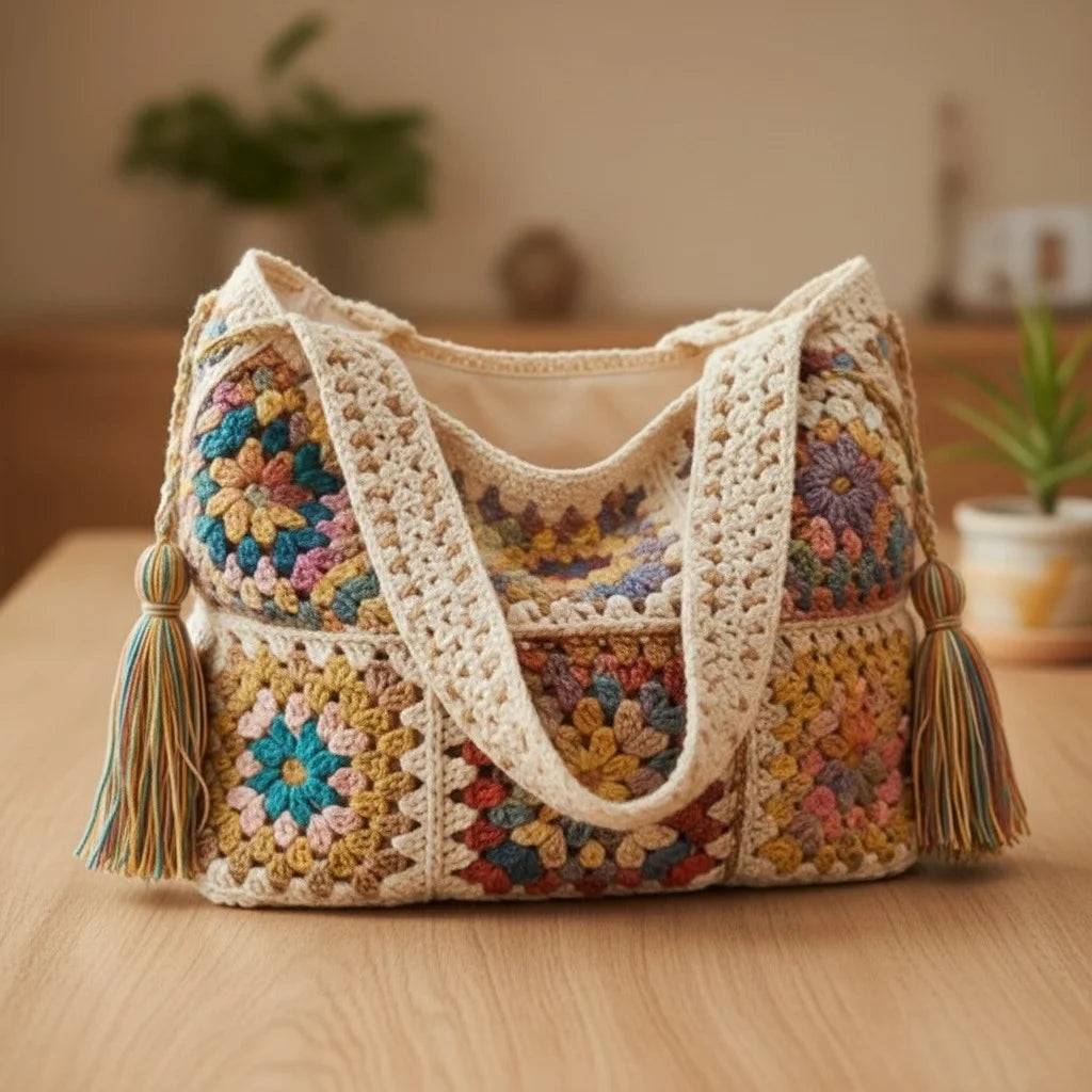 boho crochet shoulder bag granny square handmade tote purse