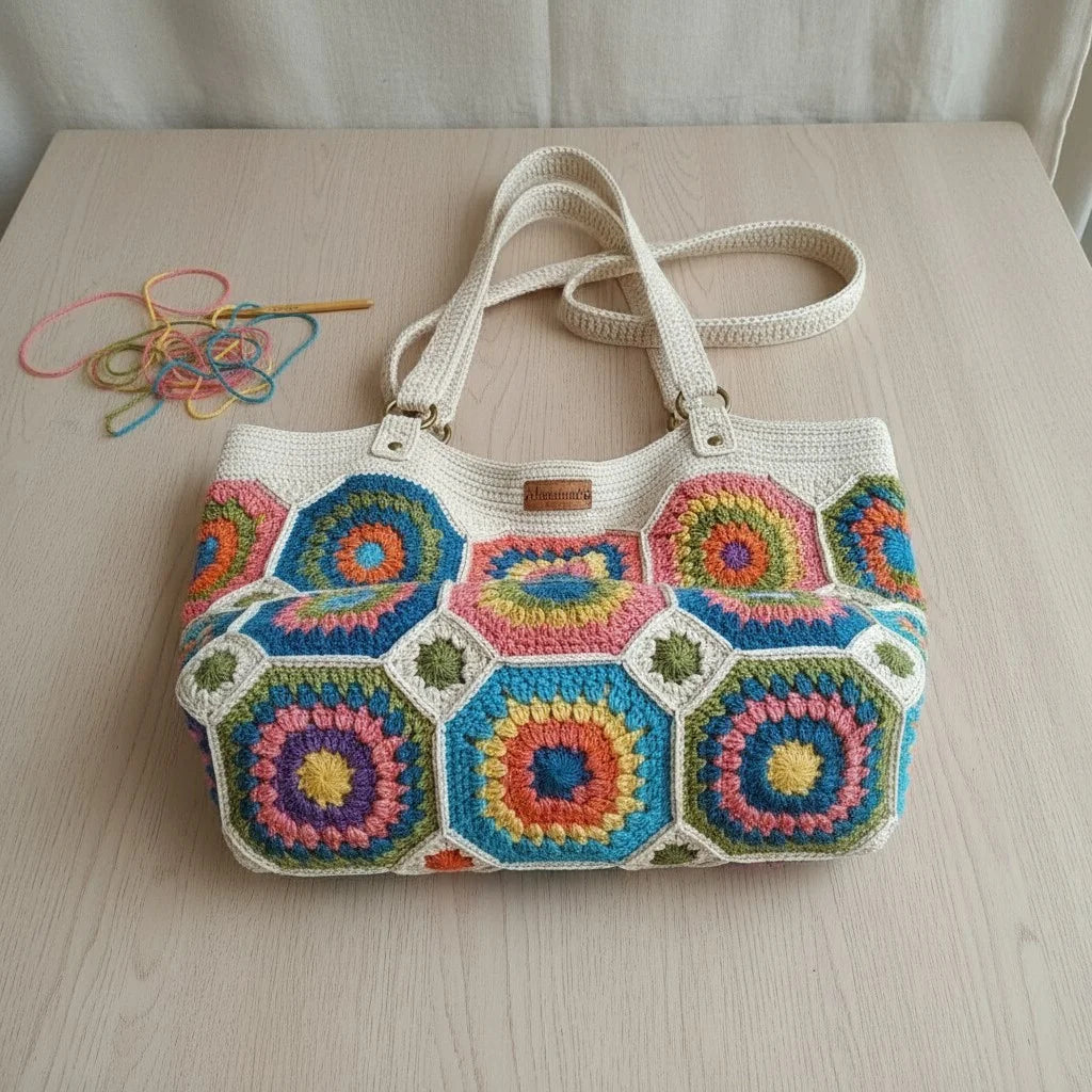 Crochet Granny Square Tote Bag featuring colorful hexagon patchwork design and sturdy shoulder straps.