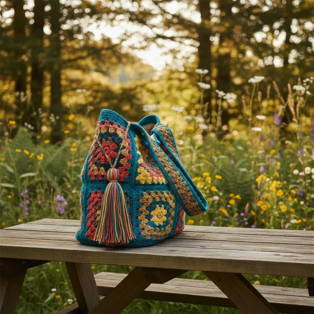 granny square tote bag colorful boho crochet shoulder handbag