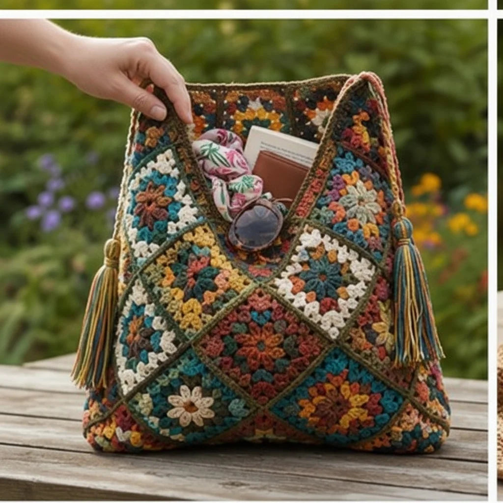 Boho Granny Square Tote – Crochet Patchwork Handbag