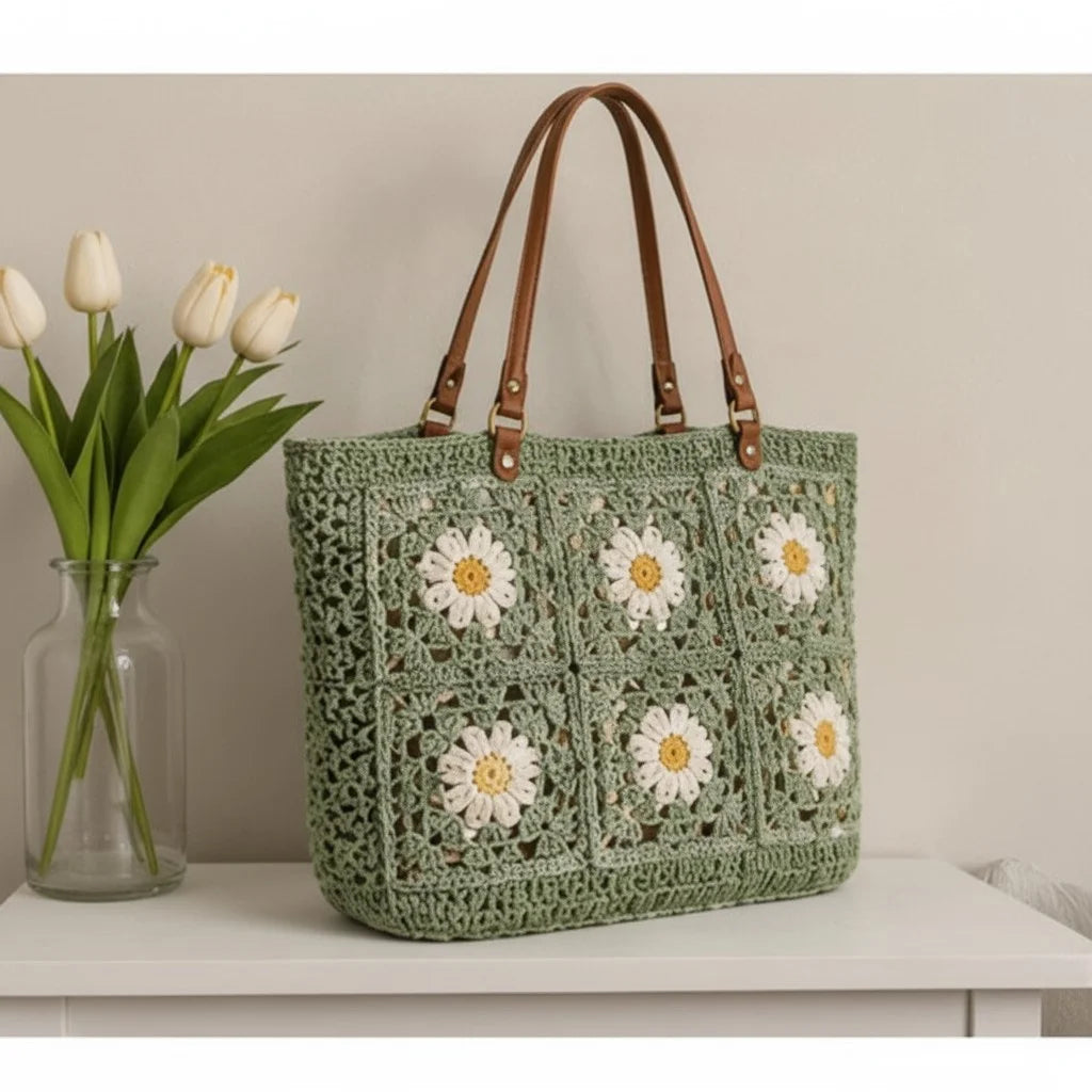 crochet tote bag women daisy granny square shoulder handbag