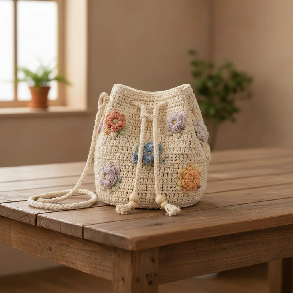 crochet bucket bag women floral boho drawstring handbag