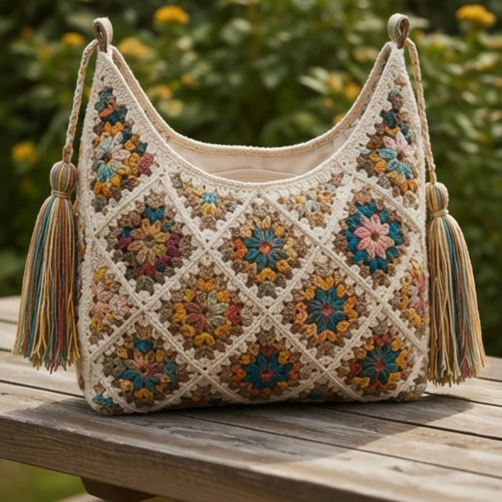 granny square crochet bag boho tassel shoulder tote