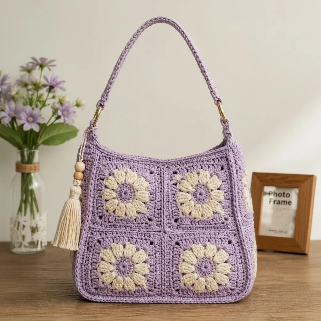 Crochet daisy bag women in lavender with floral granny square design and tassel detail.