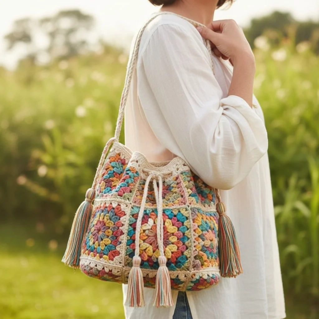 crochet bucket bag boho granny square handmade handbag