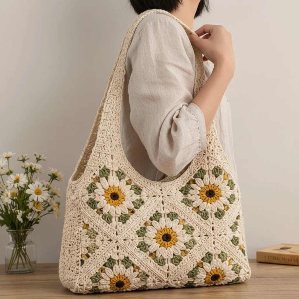 daisy crochet tote bag floral granny square shoulder handbag