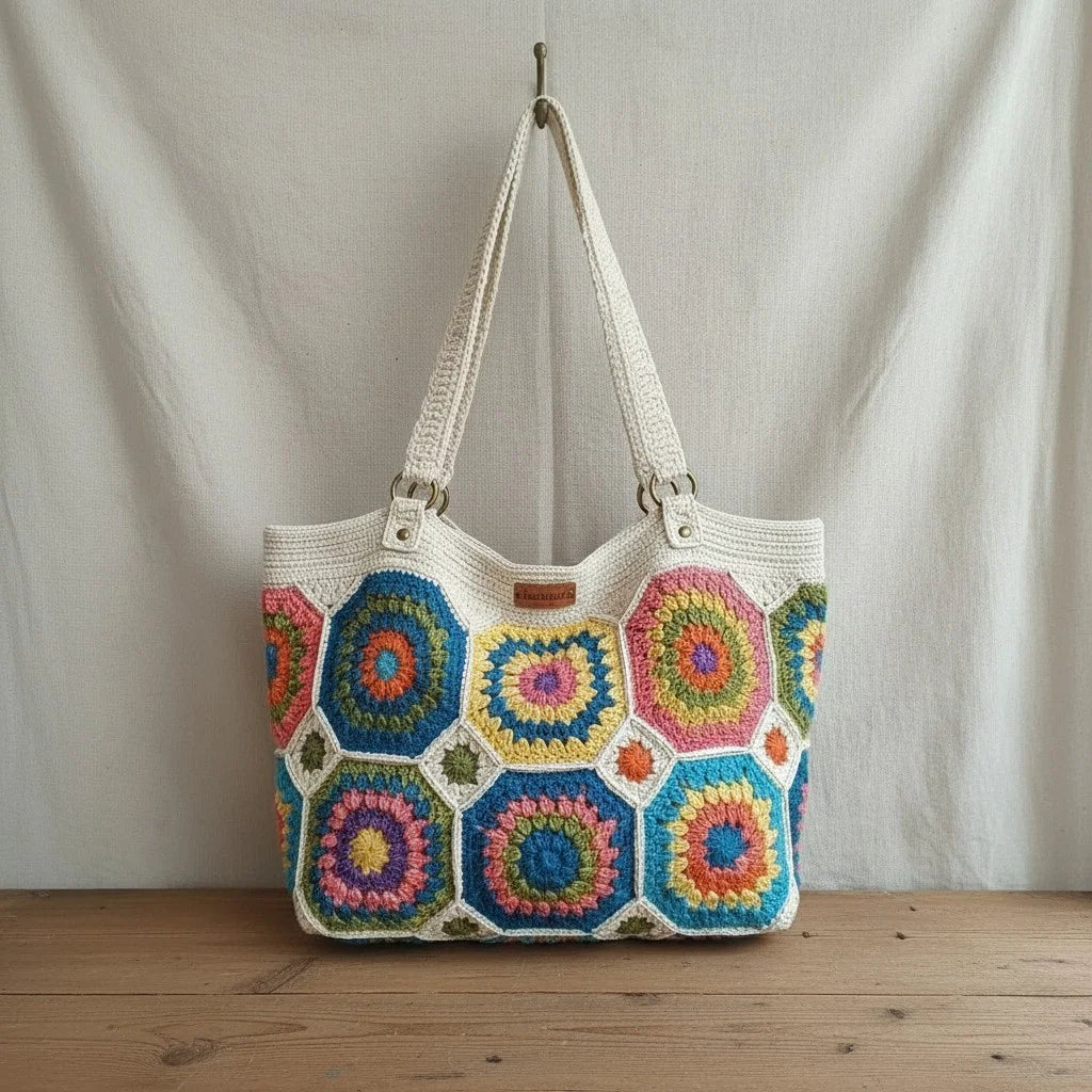 Crochet Granny Square Tote Bag featuring colorful hexagon patchwork design and sturdy shoulder straps.