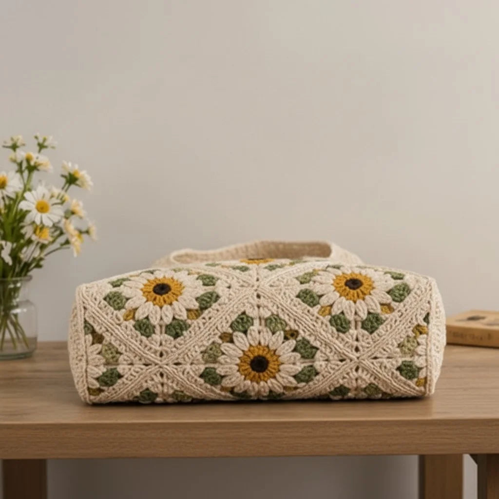 daisy crochet tote bag floral granny square shoulder handbag