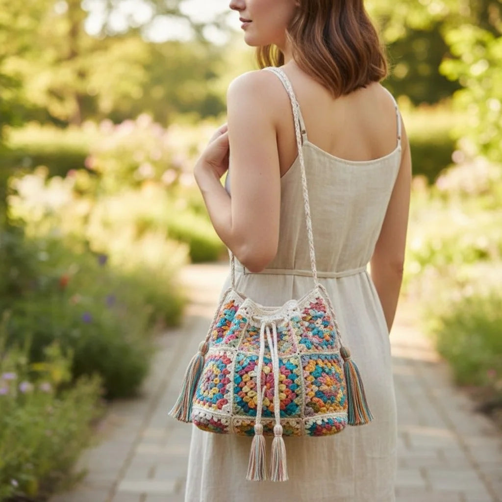 crochet bucket bag boho granny square handmade handbag