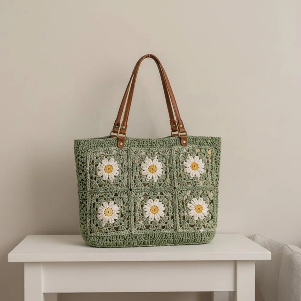 crochet tote bag women daisy granny square shoulder handbag