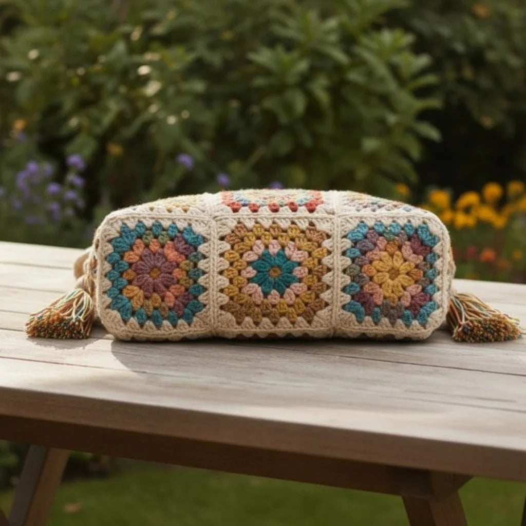 boho crochet shoulder bag granny square handmade tote purse