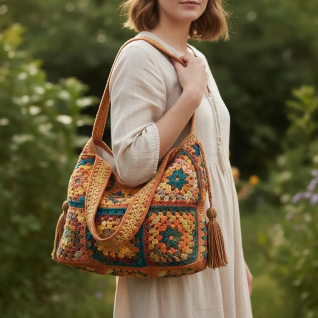 Vintage Crochet Tote Bag – Boho Granny Square Purse