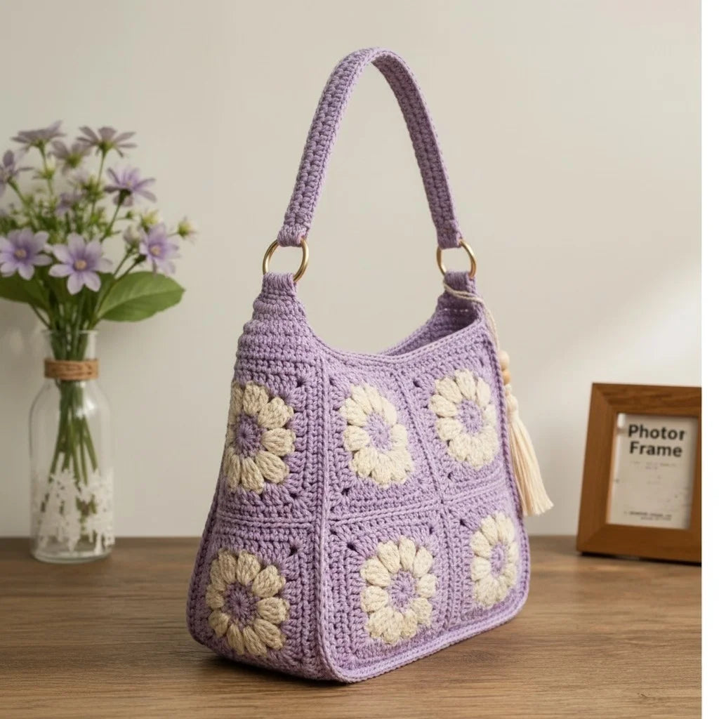 Crochet Daisy Bag Women in lavender color with floral granny square design on a wooden table.
